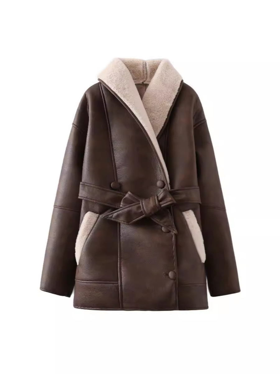 Rosea Dark Belted Shearling Jacket