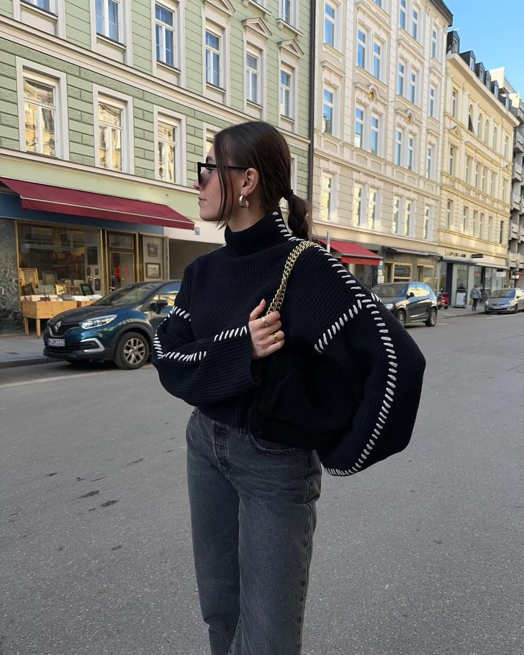 Rosea Black Sweater with Stripe Detail