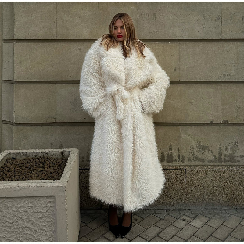 Rosea Beige Long Faux Fur Coat