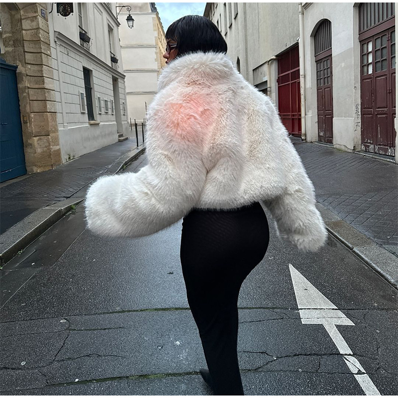 Rosea Off-White Cropped Faux Fur Bomber Jacket